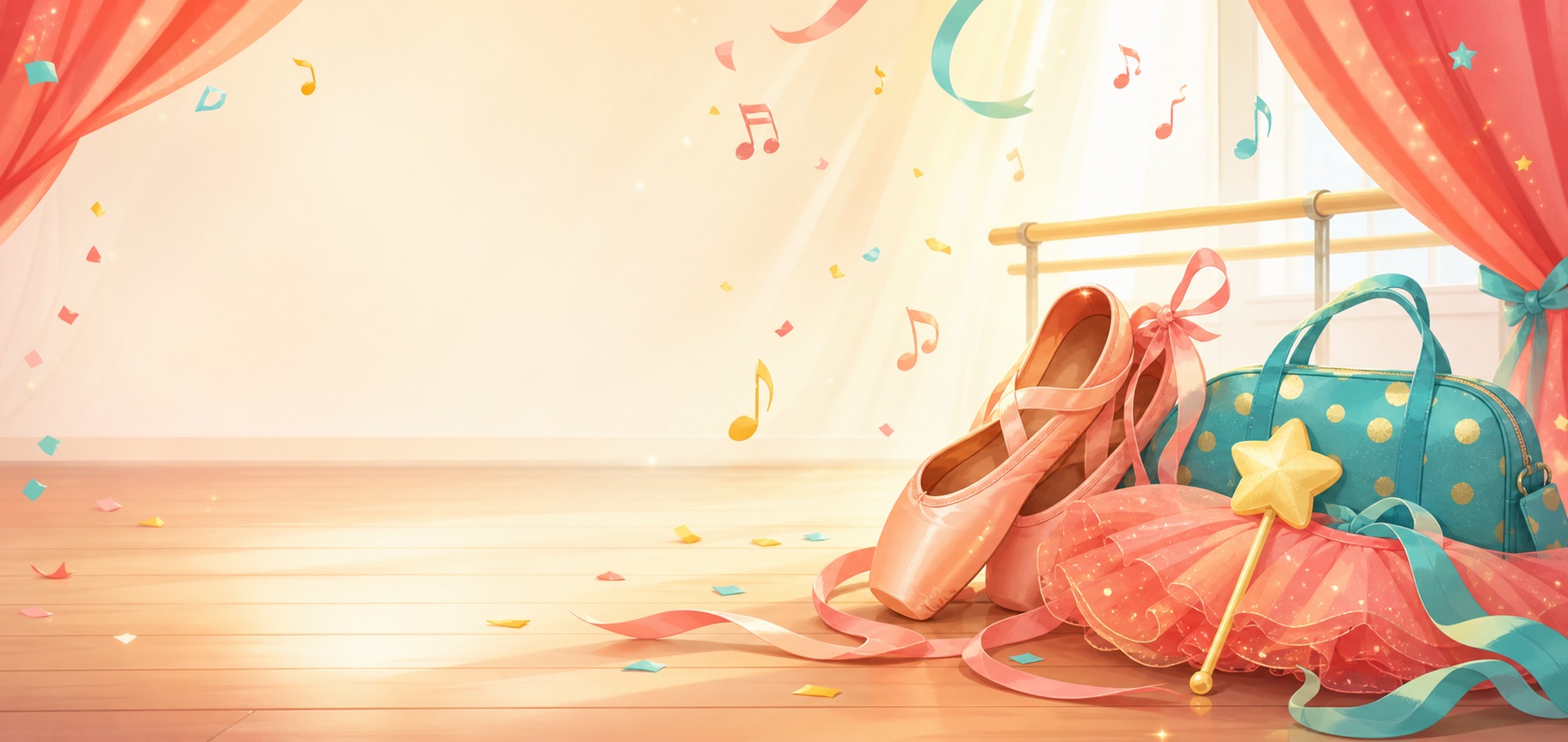Dance studio with ballet slippers and ribbons.