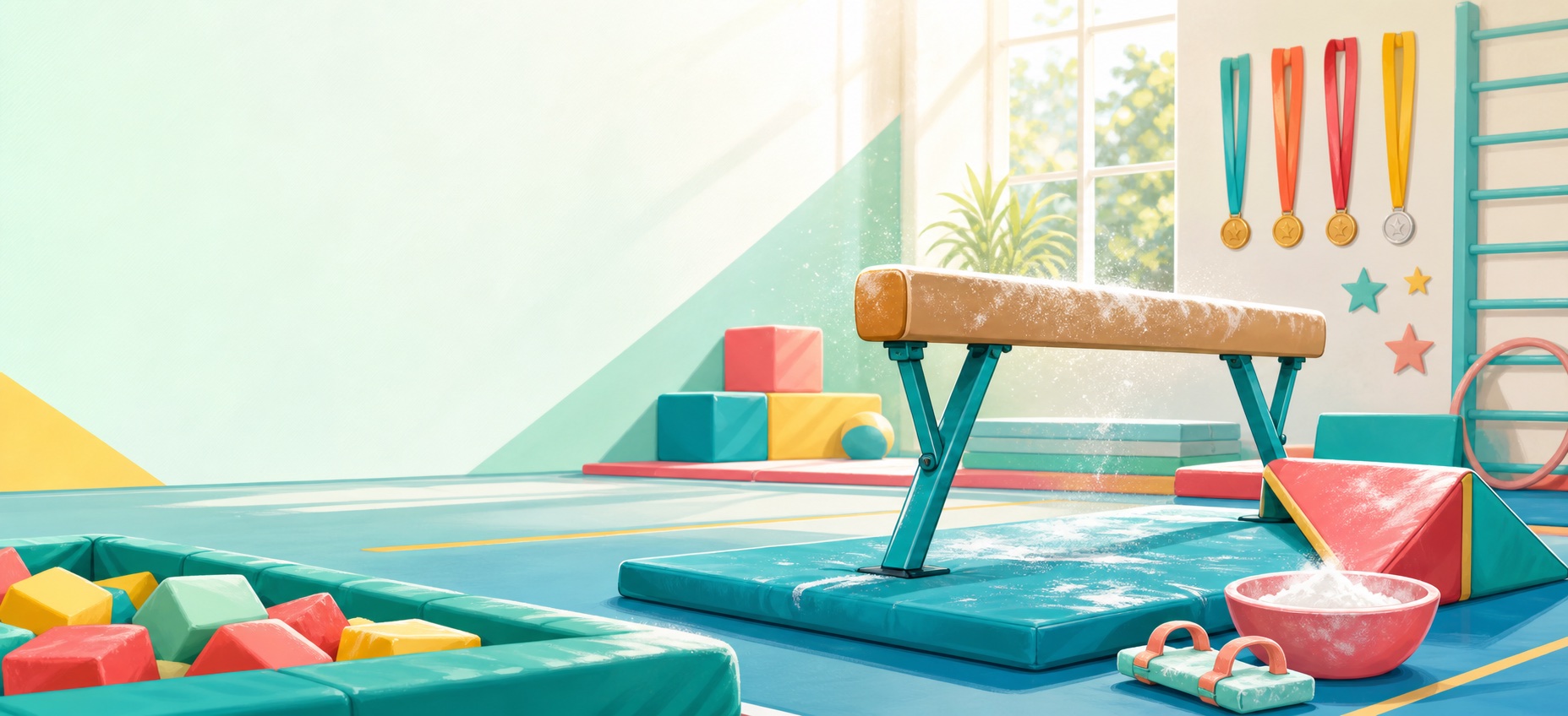 Bright gymnastics gym with mats and balance beam.